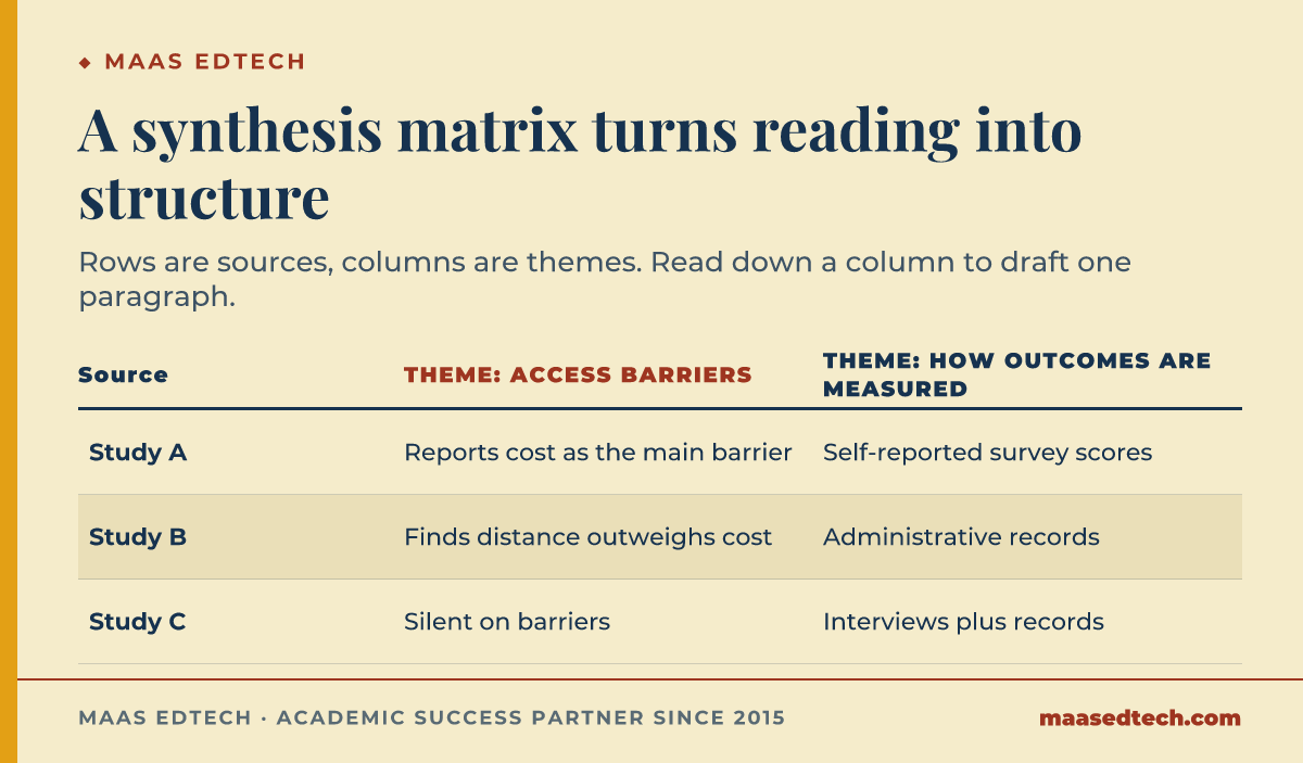 A synthesis matrix table mapping three studies against two themes, access barriers and how outcomes are measured, showing that reading down a theme column supplies the material for one synthesised paragraph.