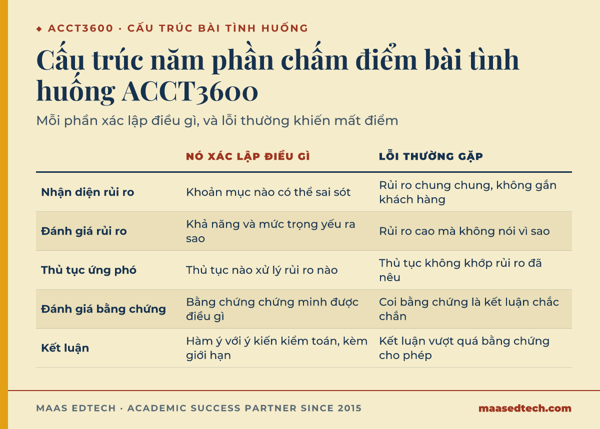 Bảng cấu trúc năm phần cho bài tình huống kiểm toán môn ACCT3600: nhận diện rủi ro, đánh giá rủi ro, thủ tục ứng phó, đánh giá bằng chứng và kết luận, kèm điều mỗi phần xác lập và lỗi thường gặp