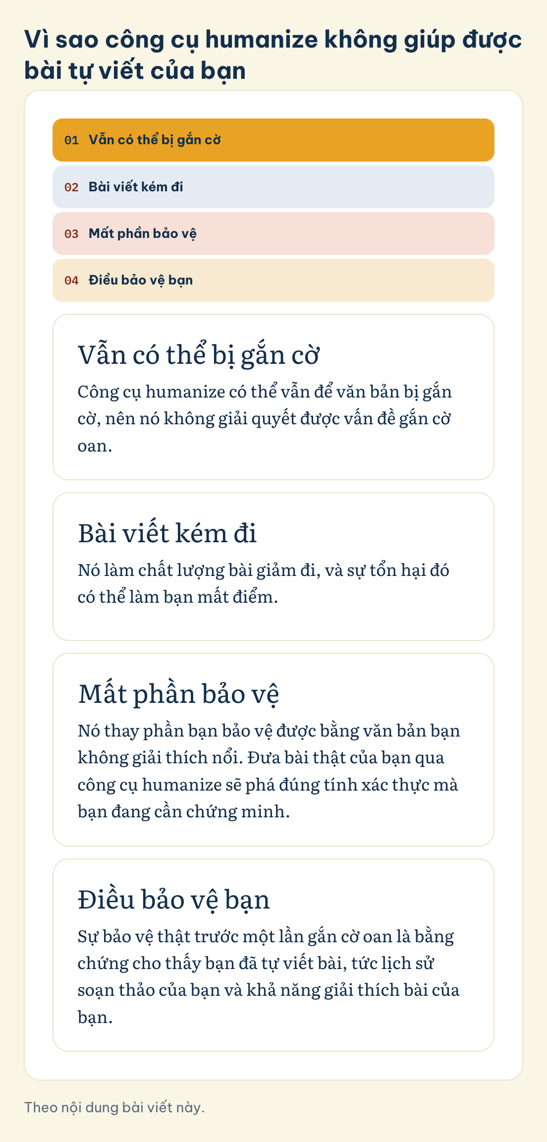 Vì sao công cụ humanize không giúp được bài tự viết của bạn: Vẫn có thể bị gắn cờ, Bài viết kém đi, Mất phần bảo vệ, Điều bảo vệ bạn