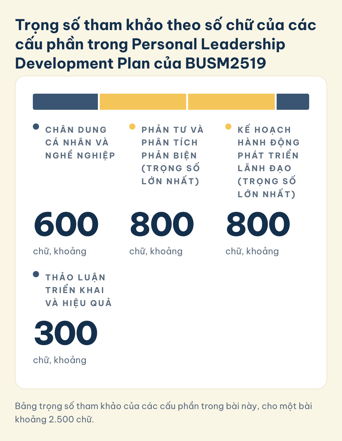 Trọng số tham khảo của BUSM2519, khoảng: chân dung 600 chữ, phản tư 800, kế hoạch hành động 800, thảo luận triển khai 300.