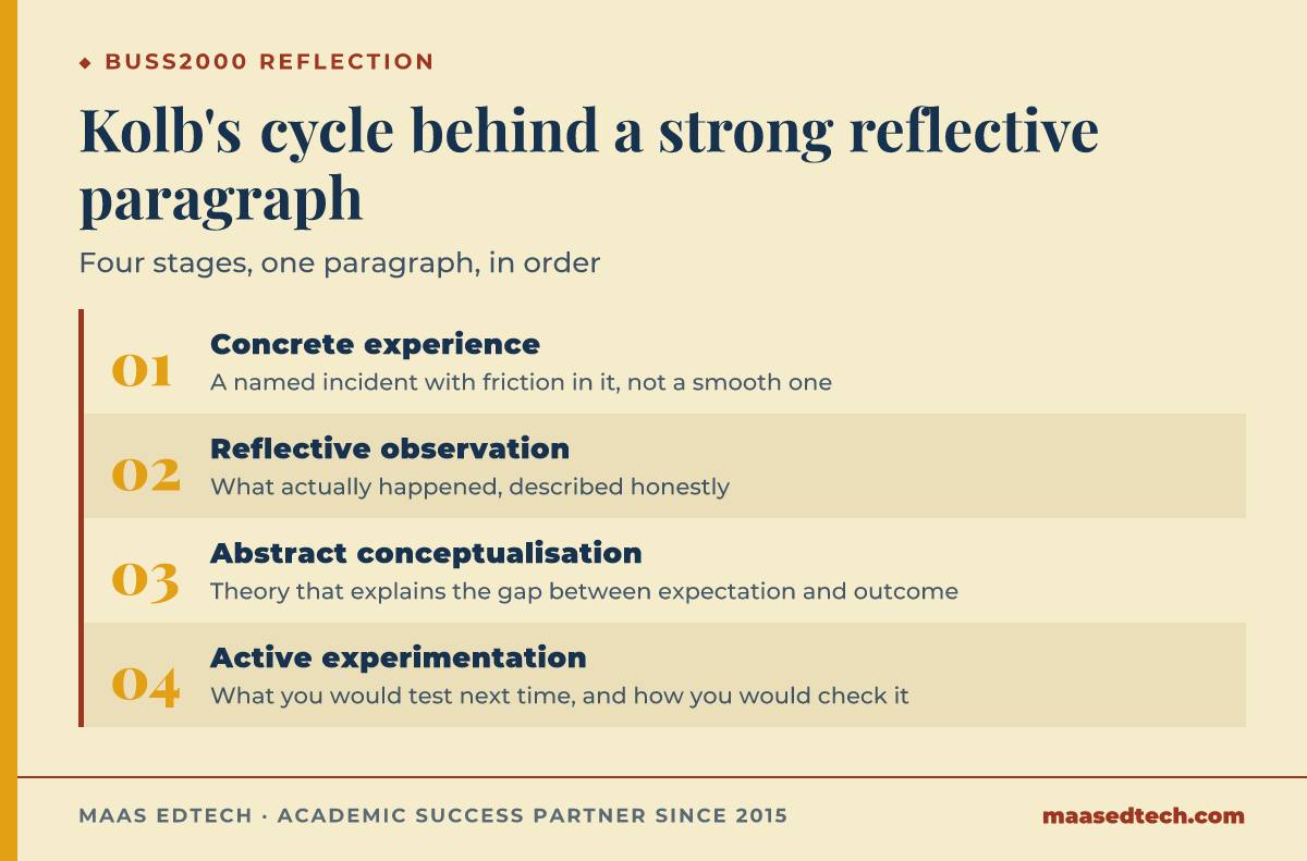 Process diagram of Kolb's four-stage experiential learning cycle applied to a BUSS2000 reflective paragraph: concrete experience, reflective observation, abstract conceptualisation, active experimentation.