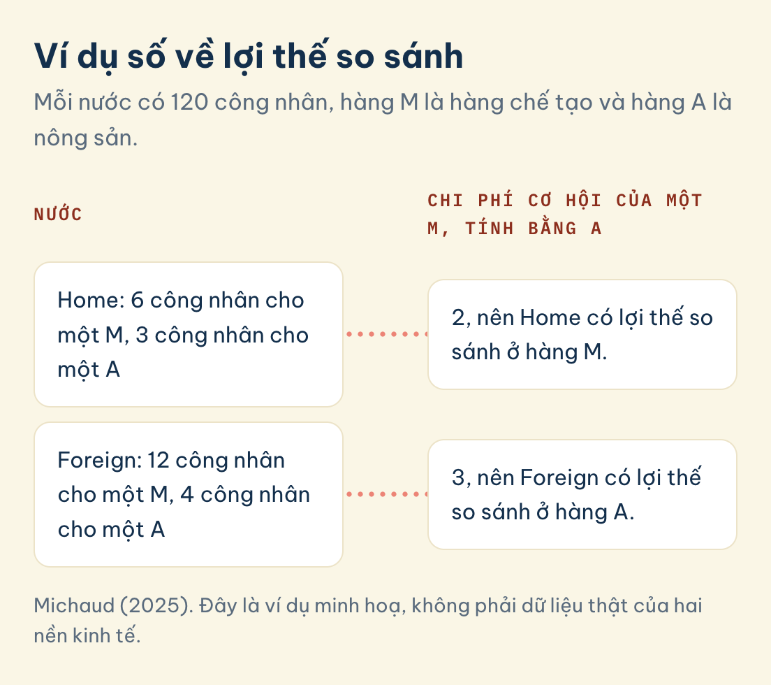 Michaud (2025). Đây là ví dụ minh hoạ, không phải dữ liệu thật của hai nền kinh tế. Bảng ví dụ số của Home và Foreign với chi phí cơ hội của một đơn vị hàng M là 2 và 3 đơn vị hàng A