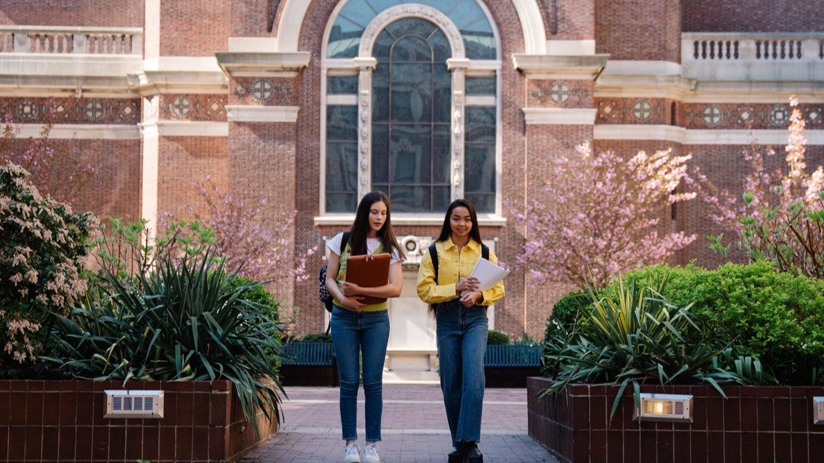 Students outside a university building