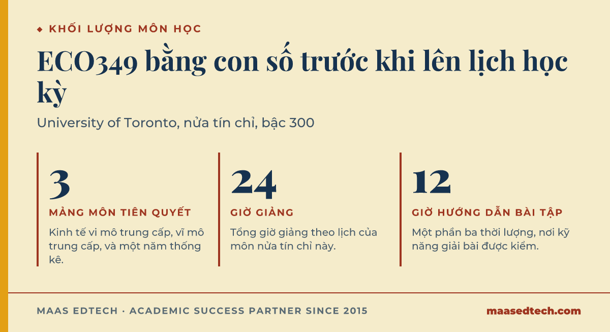 Đồ hoạ số liệu cho thấy ba con số chính của ECO349: ba mảng môn tiên quyết, 24 giờ giảng, và 12 giờ hướng dẫn bài tập trong một môn nửa tín chỉ.