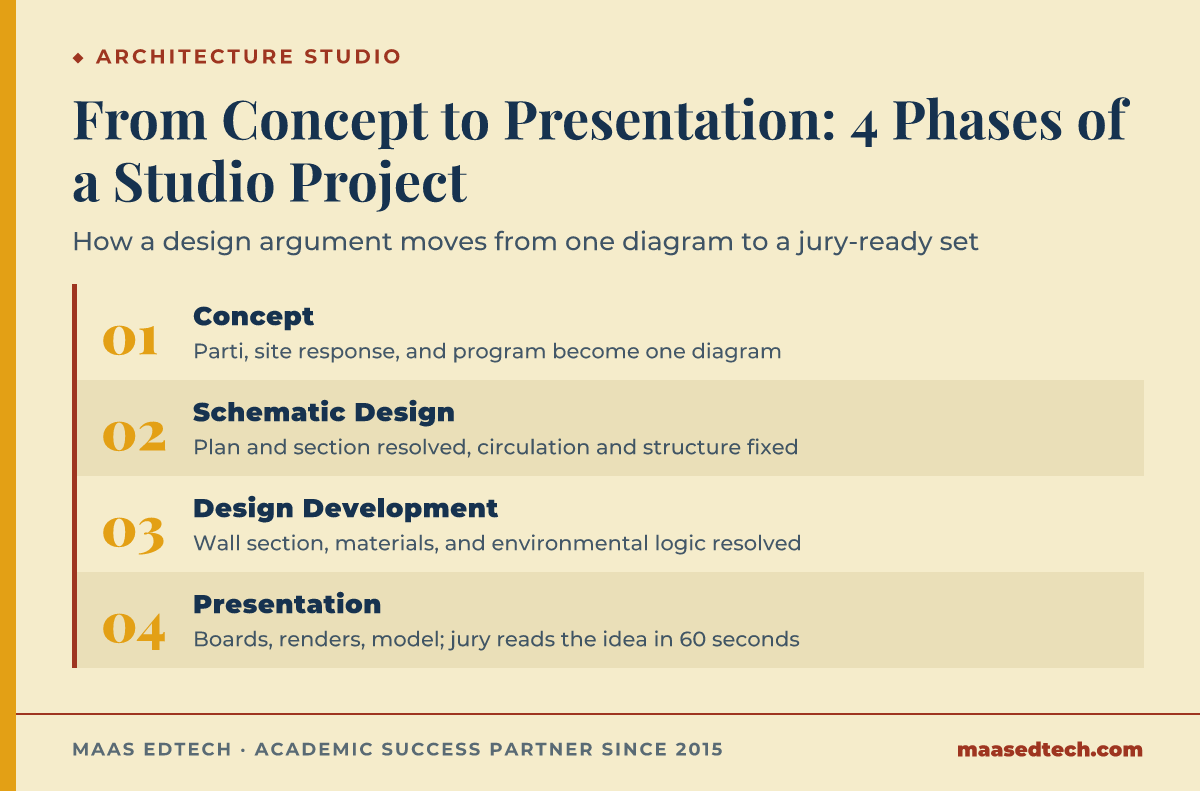 Diagram of the four phases of an architecture studio project, from concept to presentation