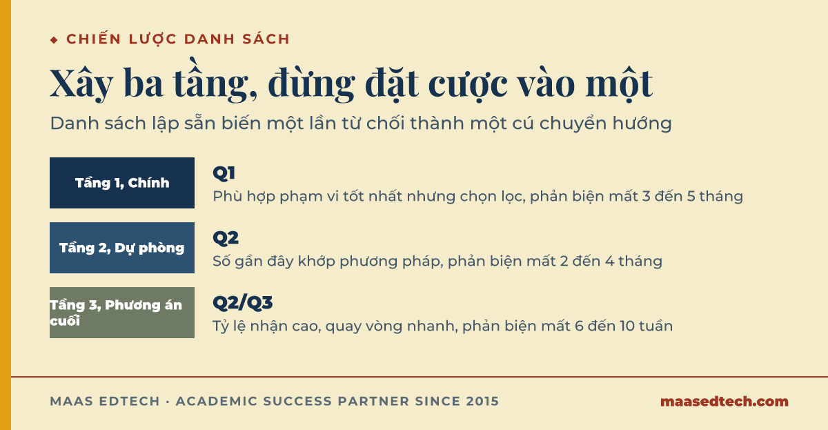 Sơ đồ ba tầng danh sách tạp chí gồm mục tiêu chính Q1, dự phòng Q2, và phương án cuối Q2/Q3, kèm thời gian phản biện điển hình của từng tầng