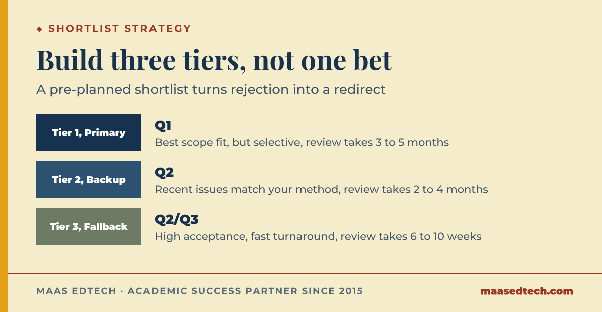 Three-tier journal shortlist diagram showing a primary Q1 target, a Q2 backup, and a Q2 or Q3 fallback, each with its typical review time