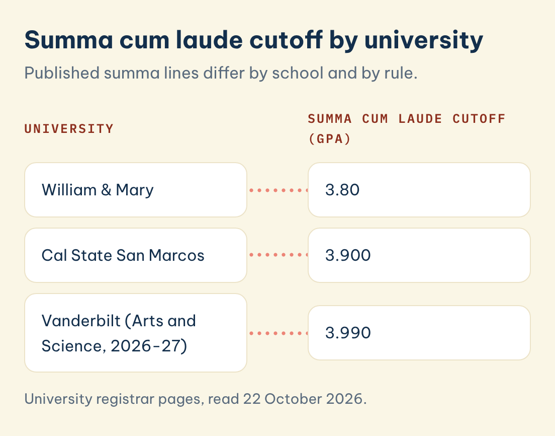 Summa cum laude cutoff by university: William & Mary 3.80, Cal State San Marcos 3.900, Vanderbilt (Arts and Science, 2026-27) 3.990