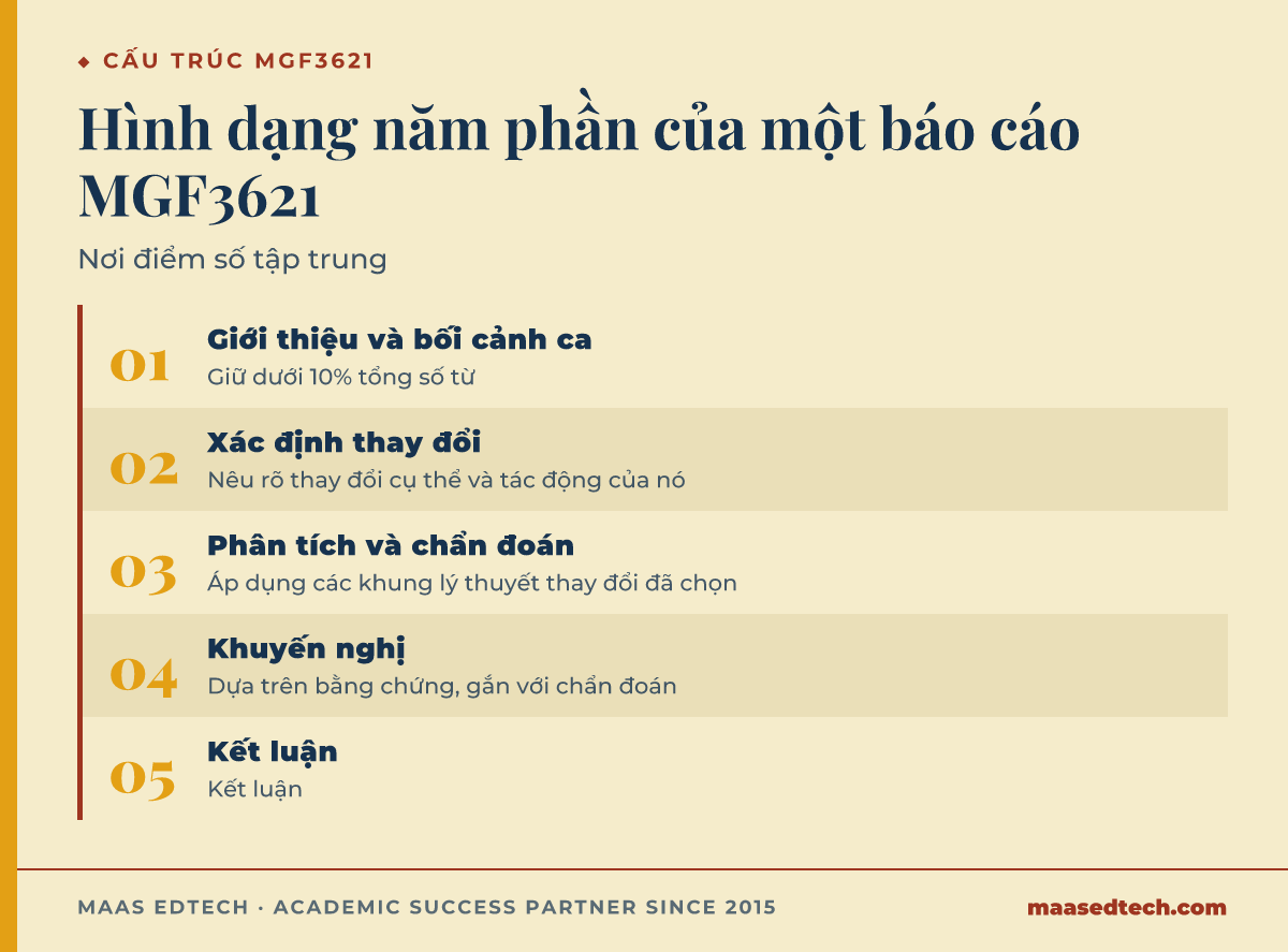 Sơ đồ quy trình năm bước để cấu trúc báo cáo MGF3621 về thay đổi tổ chức, từ bối cảnh ngắn gọn qua chẩn đoán đến khuyến nghị và kết luận