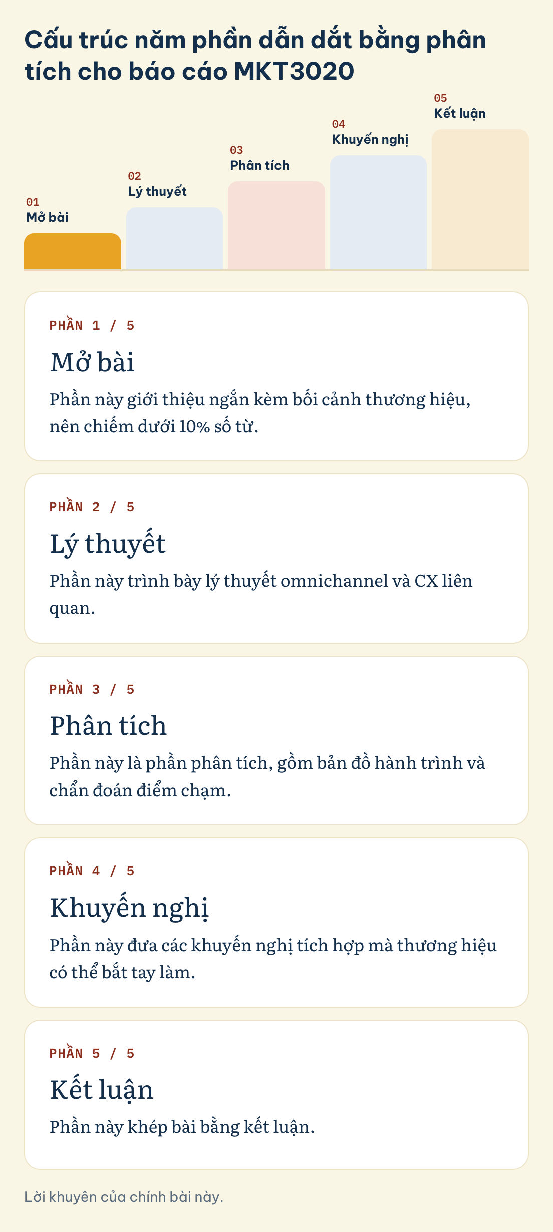 Báo cáo MKT3020 gồm năm phần: mở bài và bối cảnh thương hiệu, lý thuyết omnichannel và CX, phân tích, khuyến nghị tích hợp, kết luận