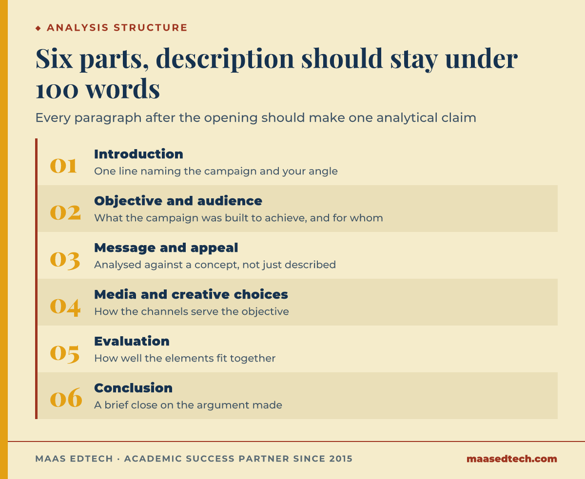 Six-step structure for the MKTG1294 advertising analysis, from a one-line introduction through objective and audience, message and appeal, media choices, evaluation, and conclusion