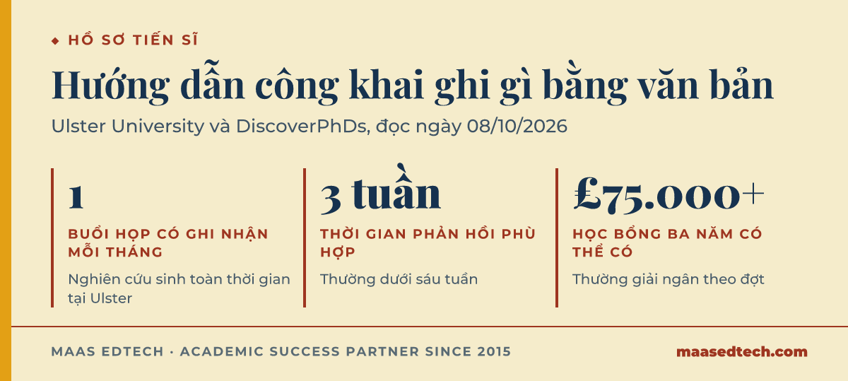 Đồ hoạ ba con số từ hướng dẫn đã công bố: một buổi họp có ghi nhận mỗi tháng tại Ulster, khoảng ba tuần là thời gian phản hồi phù hợp, và học bổng ba năm có thể vượt 75.000 bảng Anh.