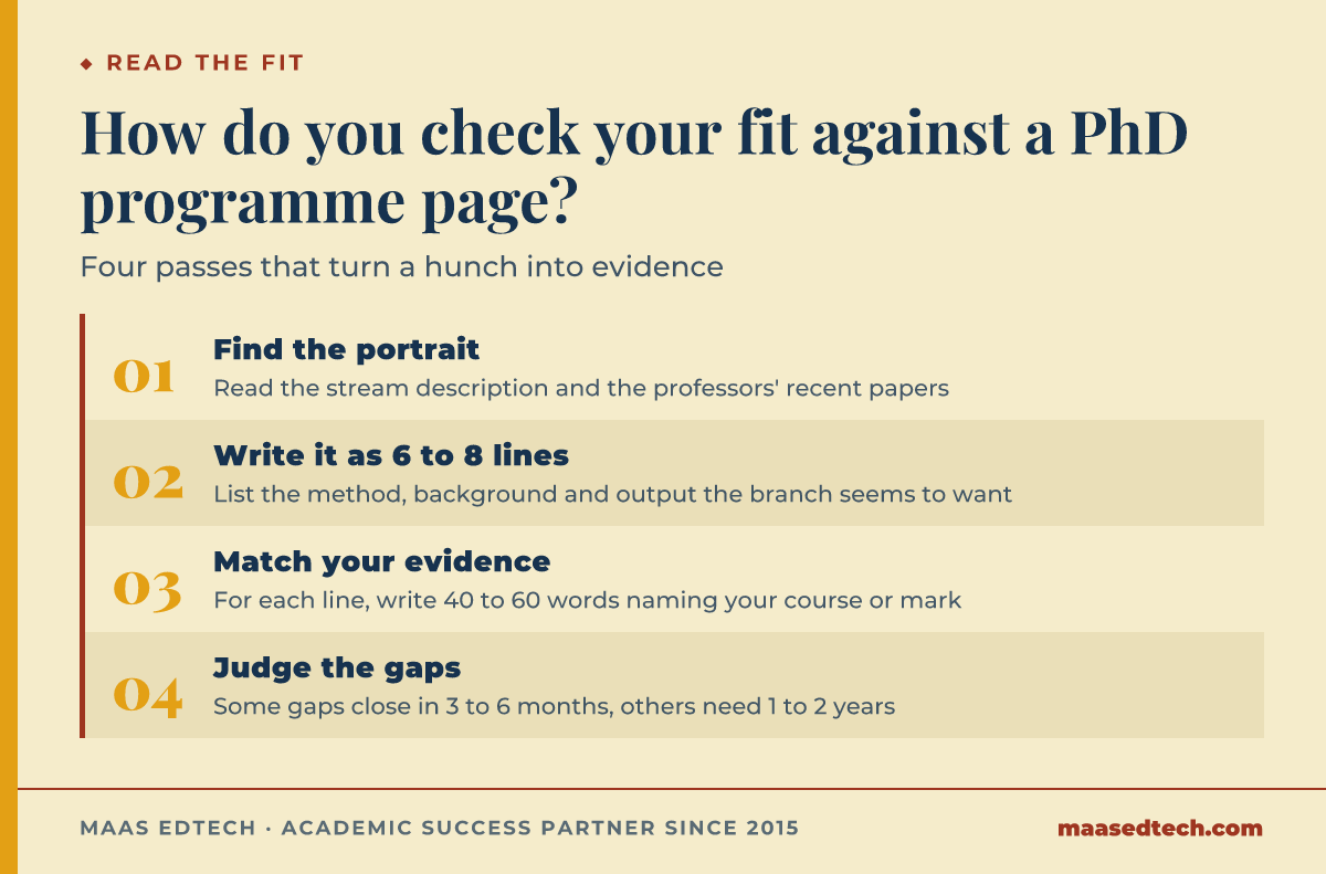 Four-step process diagram for checking fit against a PhD admissions page: find the portrait, list it, match your evidence, judge the gaps