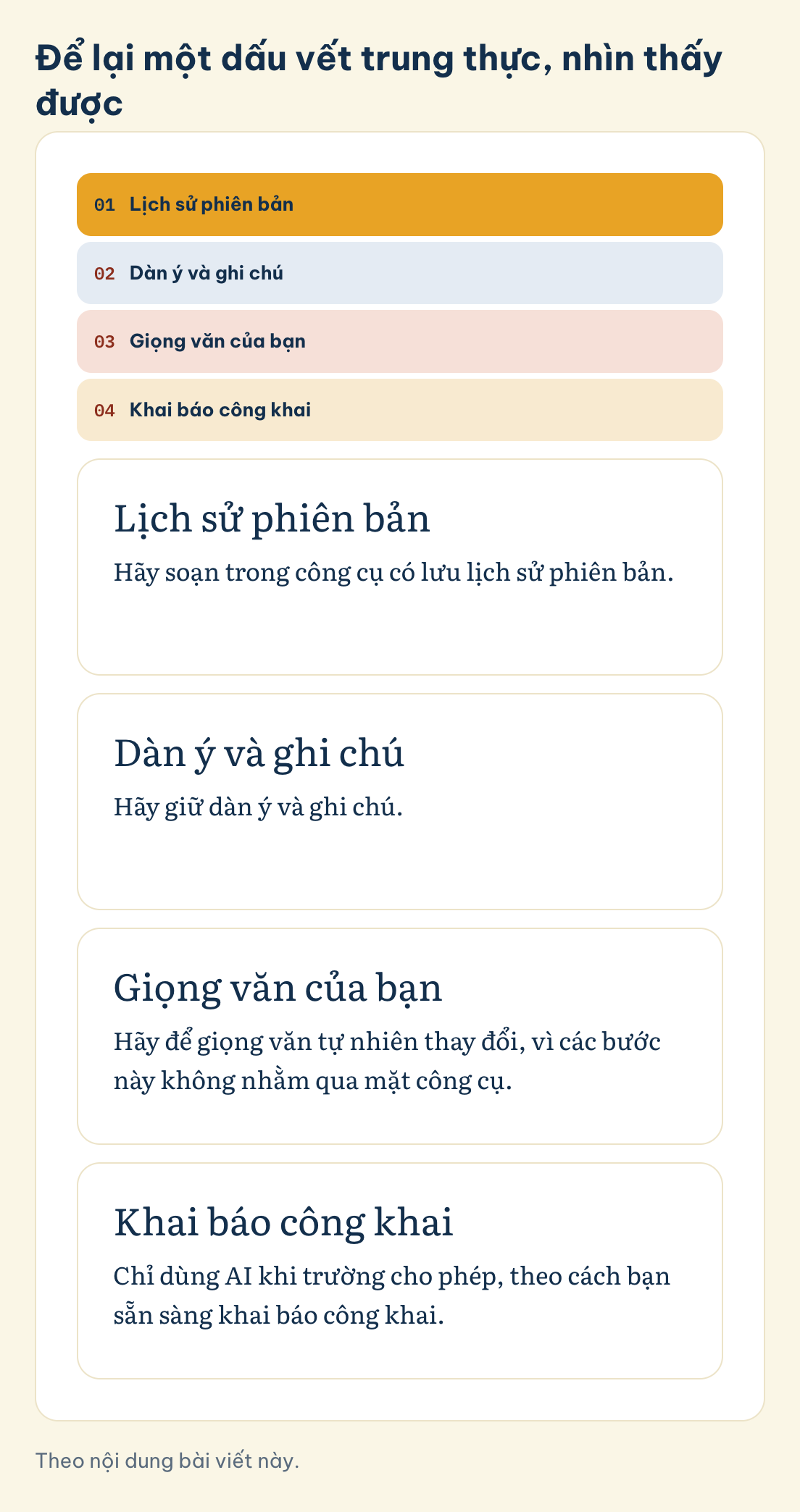 Theo nội dung bài viết này. Để lại một dấu vết trung thực, nhìn thấy được: Lịch sử phiên bản, Dàn ý và ghi chú, Giọng văn của bạn, Khai báo công khai
