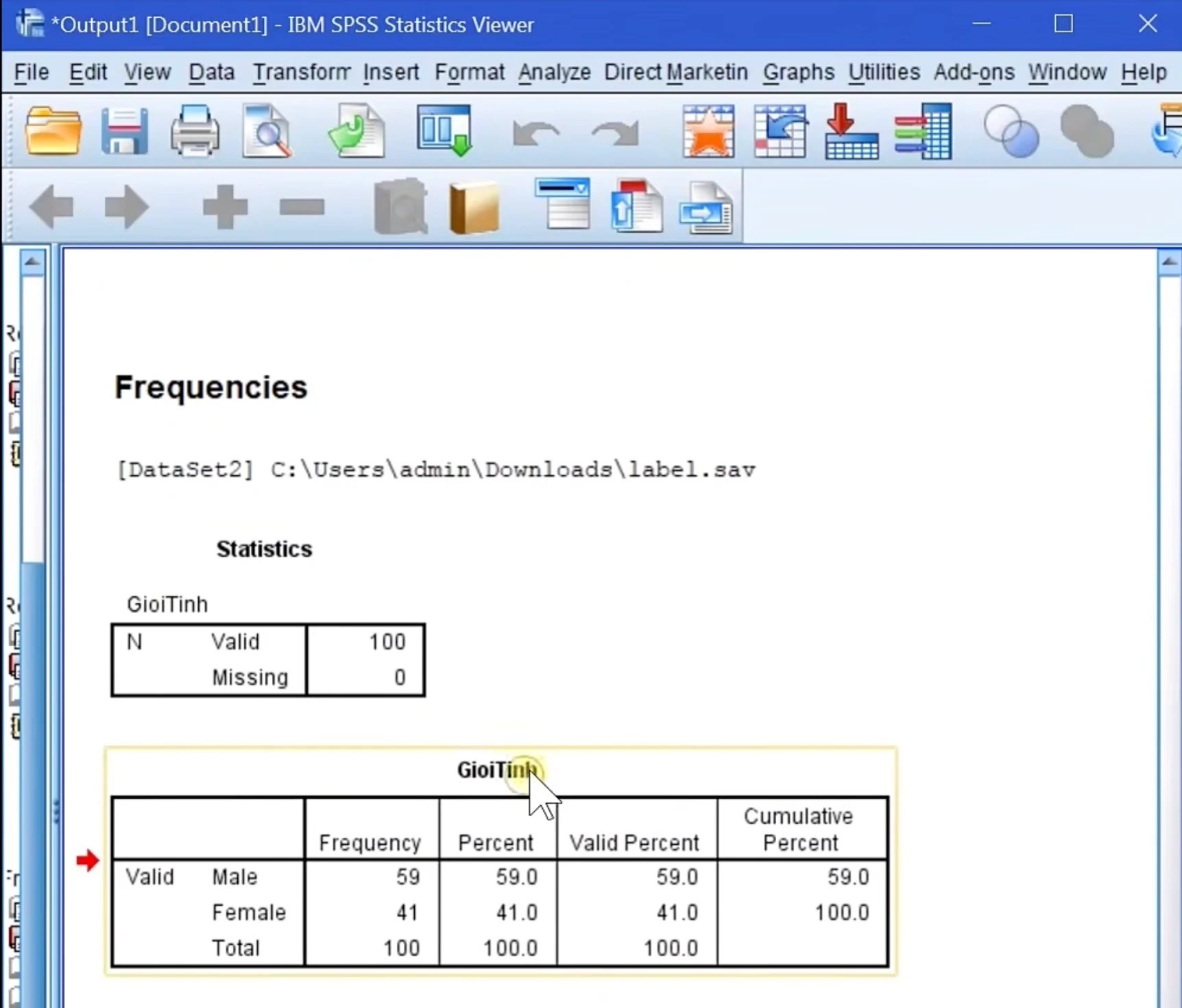 Cửa sổ kết quả của IBM SPSS Statistics hiển thị bảng Frequencies cho một biến giới tính, gồm các cột Frequency, Percent, Valid Percent và Cumulative Percent
