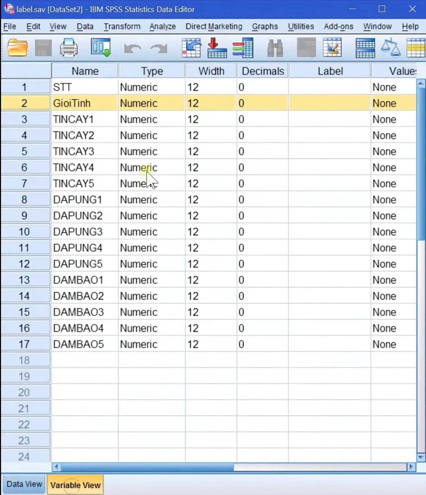 Cửa sổ Variable View của IBM SPSS Statistics đang khai báo các biến của một bộ dữ liệu khảo sát, với các cột Name, Type, Width, Decimals, Label và Values